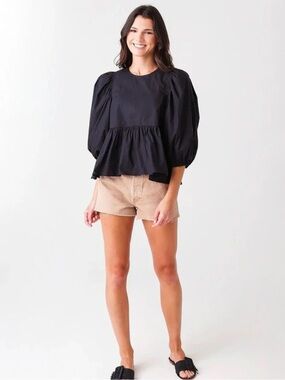 Hunter Bell Harlow Black Peplum Blouse Top Puff Sleeve